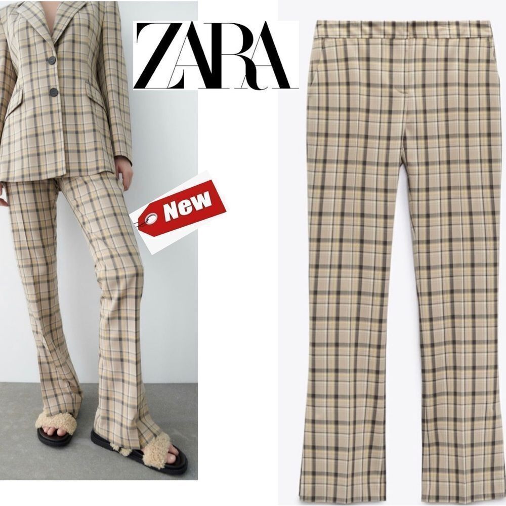 ZARA beige gray plaid check high waisted trouser pants Sz S NWT side slit